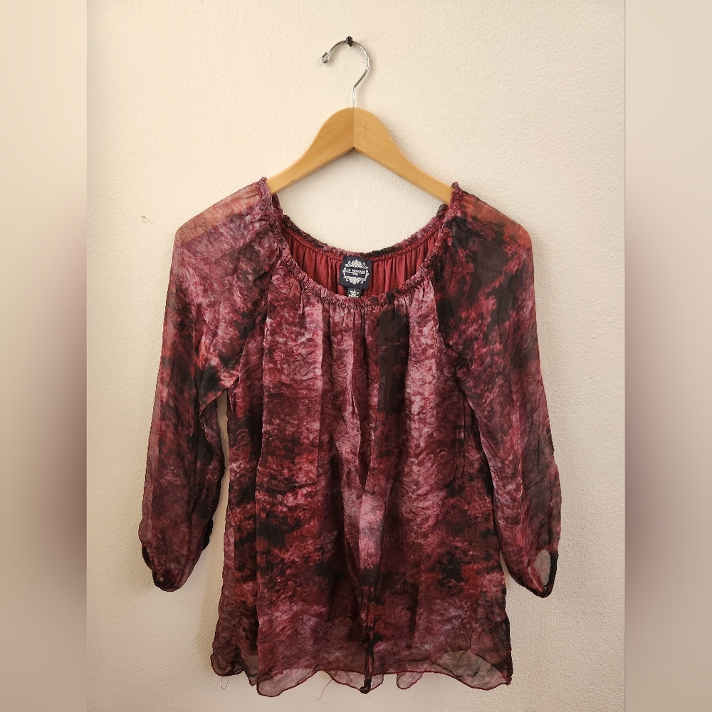 Le Marais Paris Silk Blouse 3/4 Sleeves Flowy Made In Italy Burgundy Black Large